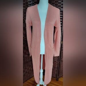 Pink Long Duster Sweater Maxi Cardigan Size M Pocket Open Front Soft Knit